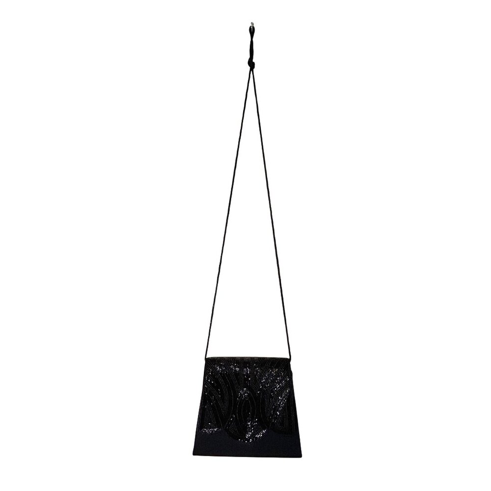 Y2K Vintage Black Beaded Satin Classy Evening Bag Magnetic Closure Rope Strap - Picture 2 of 9